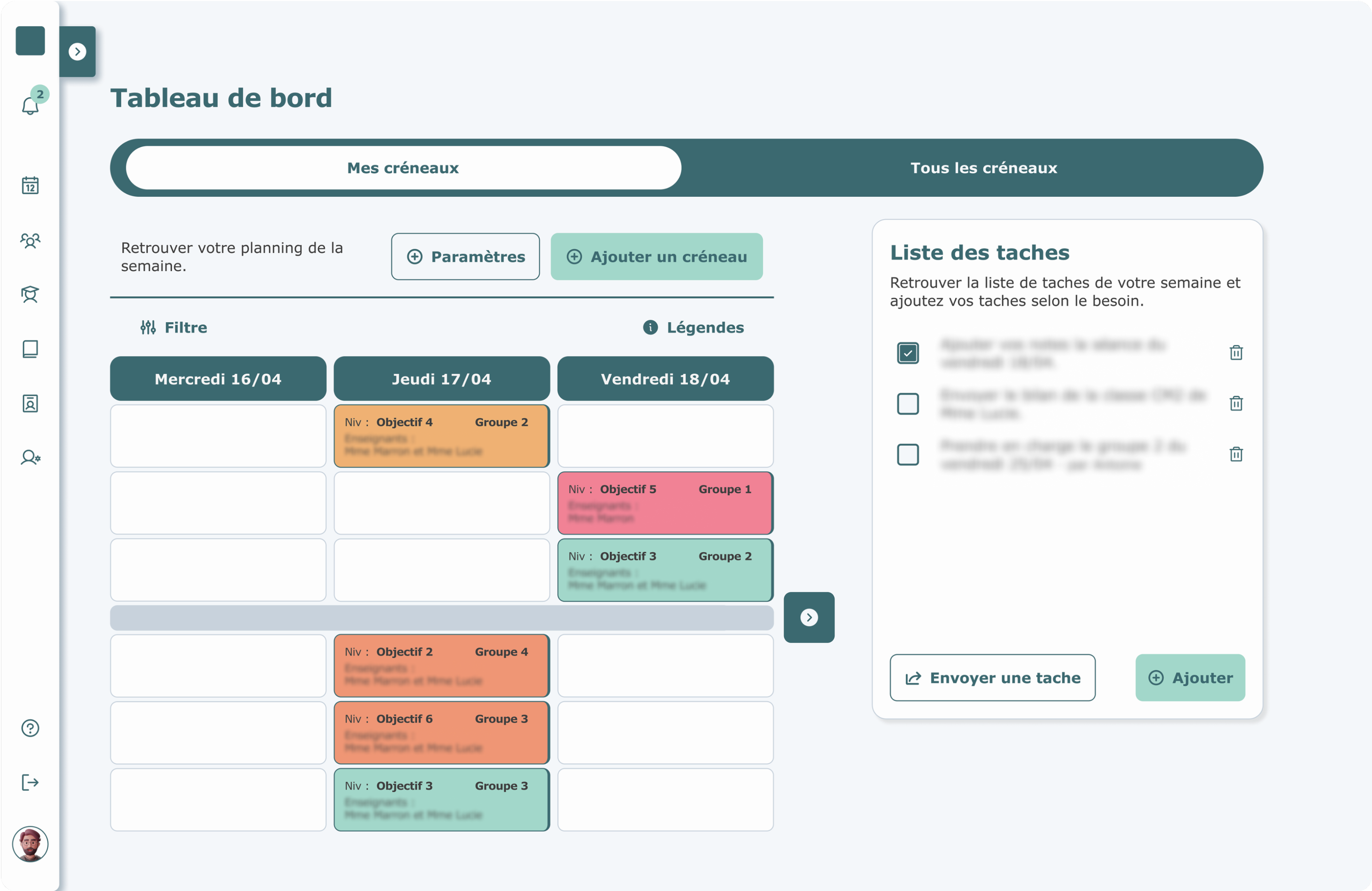 Illustrative dashboard of the scheduling tool designed for swimming instructors